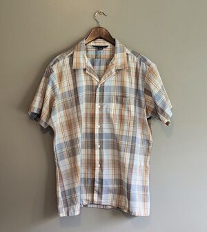 Vintage Par Four Mens XL Shirt Short Sleeve Button Up Brown Plaid 90s Grunge